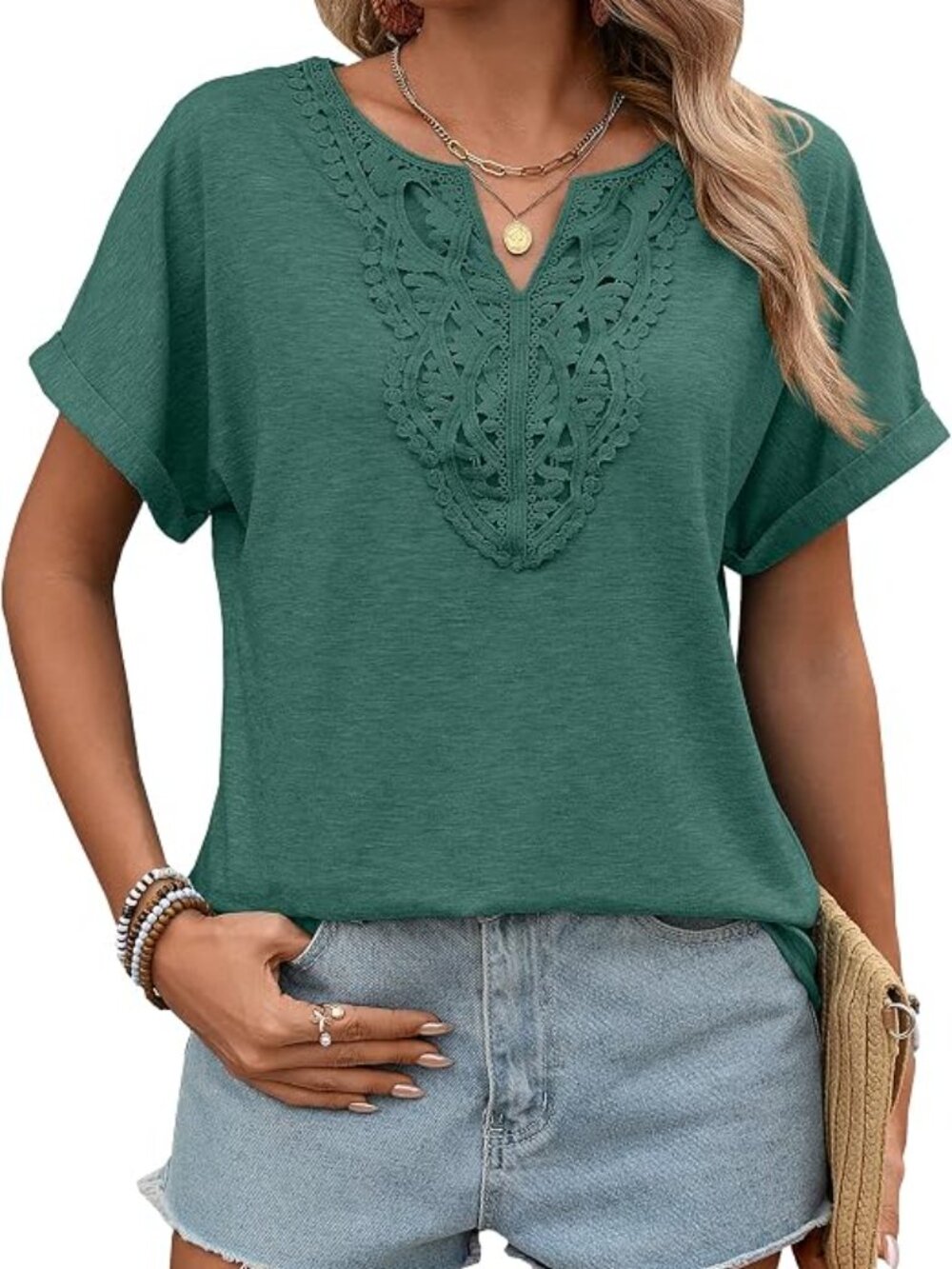Short Sleeve V Neck Lace Trim Blouse